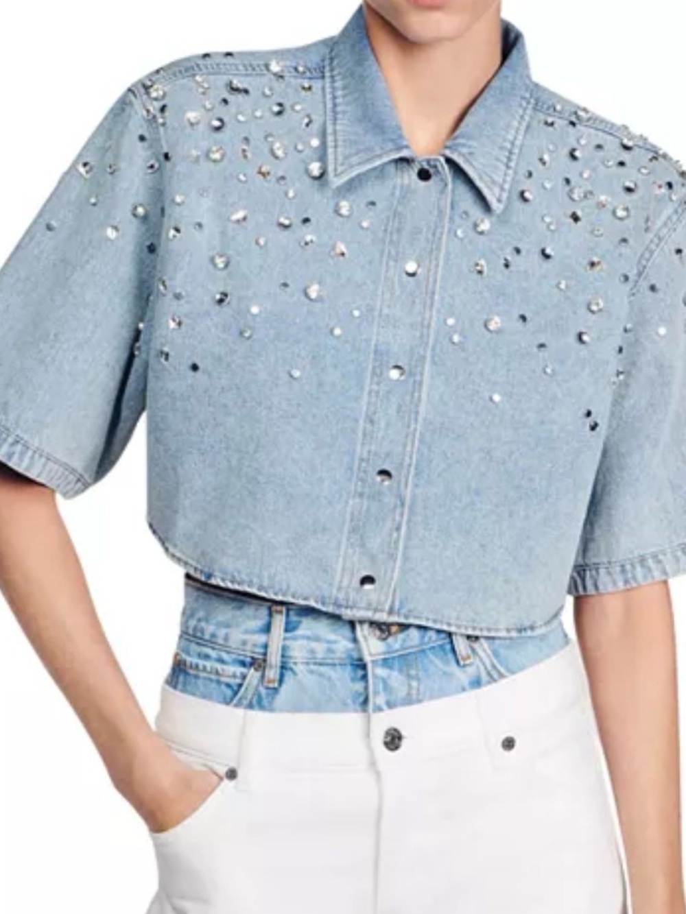 Sandro
Clair Embellished Cropped Denim Shirt